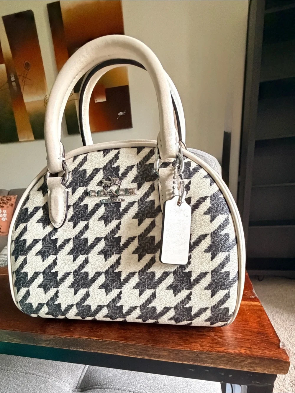Coach Cream & Black Houndstooth Dome Satchel